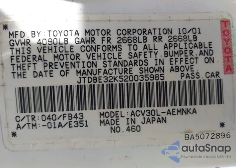 2002 Toyota Camry Le/Xle/Se из США, поврежденный, VIN JTDBE32K520035985